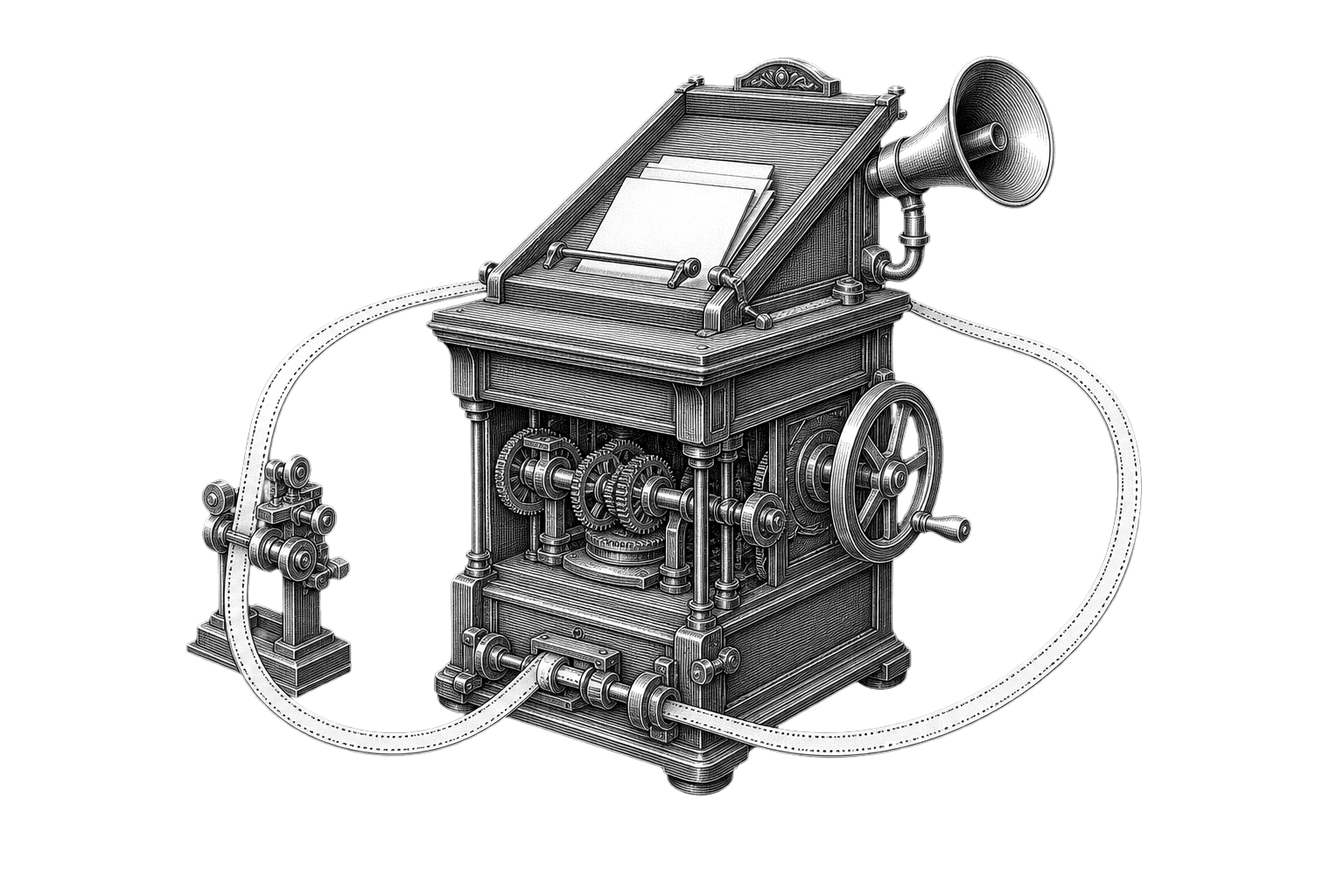 An engraved mechanical lectern with a continuous feedback tape looping out and returning.